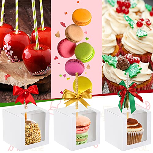 100Pcs Candy Apple Boxes With Hole Caramel Apple Boxes 4X4X4 Inch Christmas Apple Gift Box Cookies Chocolate Apple Container With Clear Window Baking Wrapping Packaging For Wedding Baby Shower (White) #TOP5