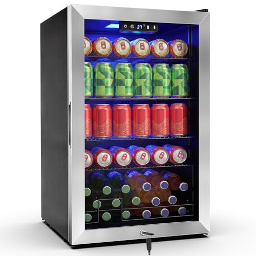 Image of FoMup Beverage Refrigerator 150 Can with Glass Door - Mini Drink Cooler with Reversible Door, Safety Lock & Temperature Control, Small Fridge for Beer Soda Wine, Compact for Dorm Office Hotel