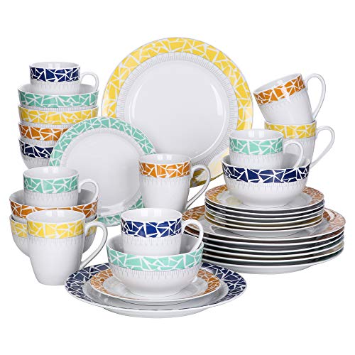 VEWEET Juego de Vajillas de Porcelana 32 Piezas con 8 Platos Llanos, 8 Platos de Postre, 8 Cuenco de Cereal y 8 Tazas para 8 Personas (Cecil, 32 Piezas)