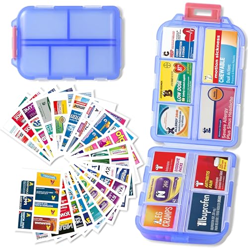 Pill Organizer with Medicine Labels Travel Daily Pill Container Mini Medication Organizer Storage Pill Organizer Travel Essentials Pill Case 7 Day (Blue & 161 Lables)