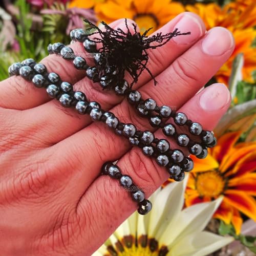 Image of Apnisanskriti Premium Haematite Stone Mala for Men and Women (6mm, AAA Quality, Lab Certified, 108+1) - Natural Stone Beads Mala - Opaque Black Colour - Pack of 1