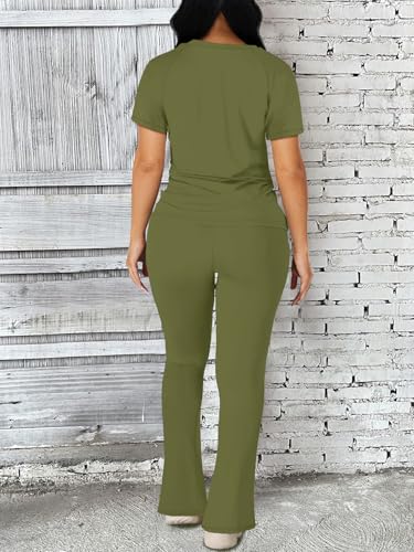 Image of STOLKISS Women 2 Piece Outfits Summer Workout Sweatsuit Striped Short Sleeve Long Flare Pants Casual Travel Tracksuit
