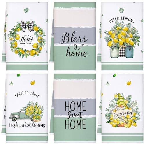 Sratte 6 Pcs Lemon Home Kitchen Towels 24 x 16 Inch Farmhouse Lemon Gnome Tea Dishtowels Absorbent Yellow Sage Green Hand Bath Towel for Holiday Kitchen Bathroom Decor Gifts