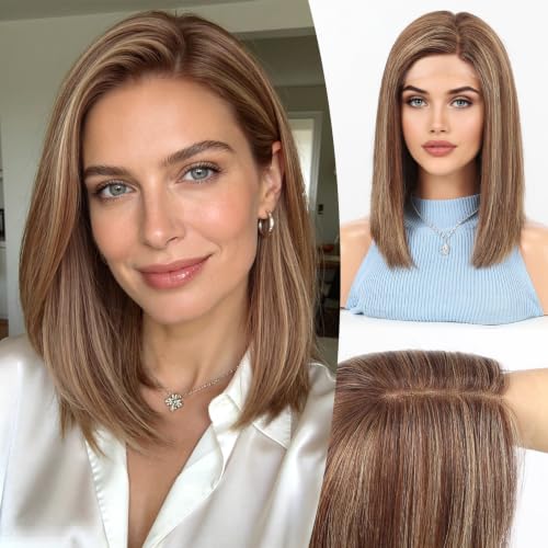 Image of KKU 100% Human Hair Lace Front Wig for Women- Pre-Plucked Natural Hairline, Side Part Brown Mixed Blonde Wig, 14 Inch, Soft & Natural Hair for Daily Use