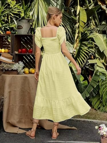 Image of Shreyam Girl's & Women's Solid A-Line Ruched Puff Sleeve Maxi Long Evening One Piece Long Dress for Women Stylish