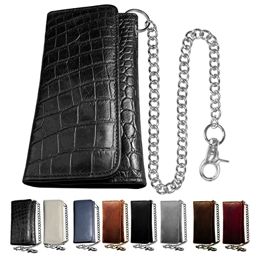 IBRO Motorcycle Chain Wallet for Men – Premium Cowhide Leather, RFID Tri-Fold Biker Wallet with Heavy Duty Chain for Bikers Truckers & Hunters, Credit Card Money Organizer Long Wallet Crocodile Black