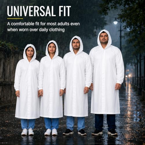 Image of SR EVA Reusable Raincoat with Hood (White) - Pack of 1 | Elasticated Full Sleeves Outdoor Waterproof Raincoat for Men & Women | Rainwear | Button Closure | Knee Length | Universal Fit (White)