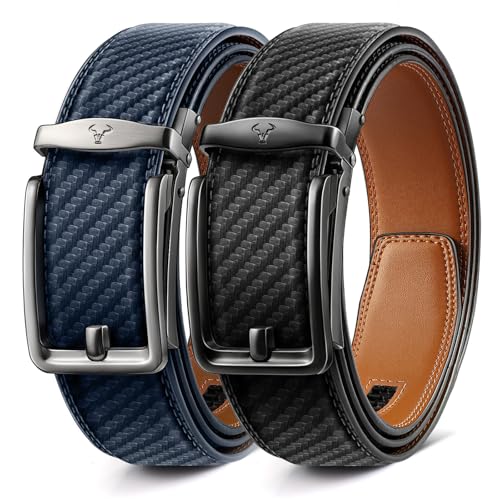 Image of BULLIANT Men Ratchet Belt 2 Pack, Click Sliding Leather Belt Adjustable for Gift Men Dress Casual Jeans 1 3 /8,Cut for Fit
