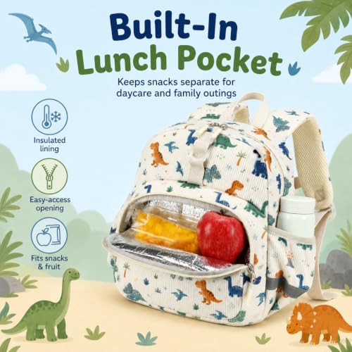 Image of LOIDOU Toddler Backpack for Boys Ages 2-4, 12 Inch Mini Preschool Daycare Bookbag with Insulated Snack Pocket, Corduroy Small Kids Travel Backpack with Chest Strap,Beige Dinosaur