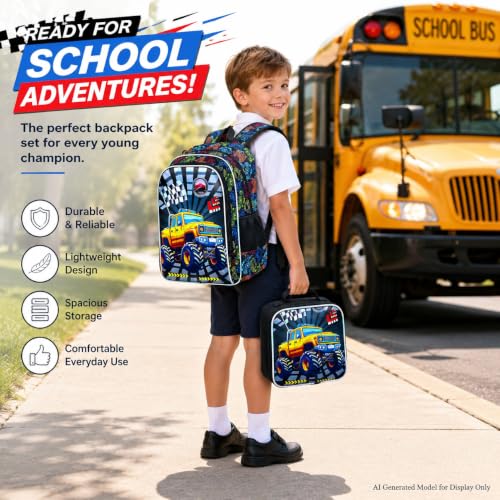 Image of HPJGD 3PCS Boys Truck Backpack Set, Water Resistant Kids Bookbag with Lunch Box, Cool School Bag for Preschool Toddler - Yellow Truck