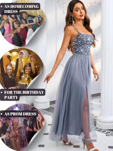 Image of ShawGobow Tulle Prom Dress with Slit,Sequin Backless Long Flowy Dresses for Women,Sexy Sparkly Outfits Homecoming Wedding