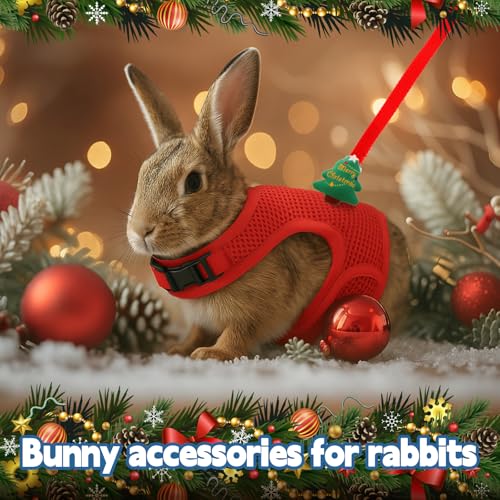 Image of Easter Bunny Costume Rabbit Harness and Leash Set with 2 Cute Decorations Bunny Clothes Adjustable Buckle Breathable Mesh Vest Harness for Rabbits Ferret Small Pig Puppy(Red,Tree)