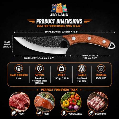 Image of JB'S LAND Hand Forged Chef Knife 8 Inch | Razor Sharp High Carbon Stainless Steel Kitchen & Butcher Knife with Full Tang Wooden Handle, Leather Sheath for Meat, Fish, Vegetable & BBQ Cutting
