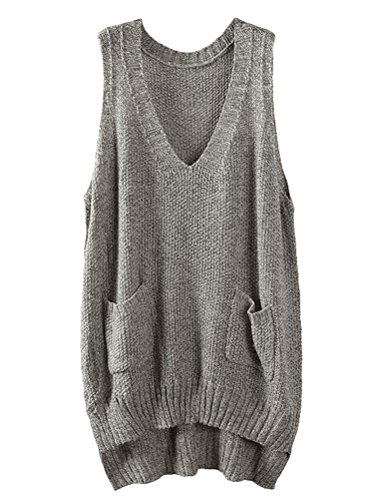 Minibee Women's Deep V-Neck Sleeveless Knitted Hi Low Sweater Vest Style1 Gray