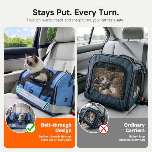 Soft-Sided Travel Cat Carrier with Safety Buckles, Lockable Zippers & Safety Tether, Escape-Proof Collapsible Pet Carrier for Car Rides & Vet Visits, Airline Approved Underseat, Up to 12lbs - Image 4