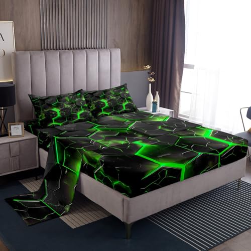 jejeloiu Green and Black Bed Sheets Set Queen Size Honeycomb Fitted Sheet for Kids Boys Girls Decor Geometrical Beehive Bedding Set