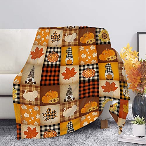 HUGS IDEA Thanksgiving Gift Blanket Autumn Warm Orange Plaid Collage Gnome Blanket Sunflower Pumpkin Maple Lattice Patchwork Funny Throw for Parent & Kids-M