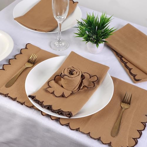 Image of FINGERCRAFT Scallop Edge Cloth Napkins | Set of 6 | 20x20 Inches | 100% Cotton | Table Napkins for Any Occasion | Washable, Perfect for Parties and Everyday Use (Brown Slub, Set of 6)