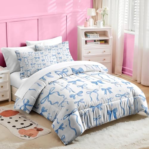Image of Nesker Bow Comforter Set Full Size, 7 Pieces Bed in a Bag, Blue Bow Bedding Set for Girls, Coquette Comforter Set with 2 Pillowcases & 2 Shams