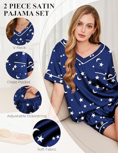 Image of Silk Pajamas for Women Short Sleeve Satin 2 Piece Pj Set Soft V Neck Sleepwear Loungewear, S-XXL