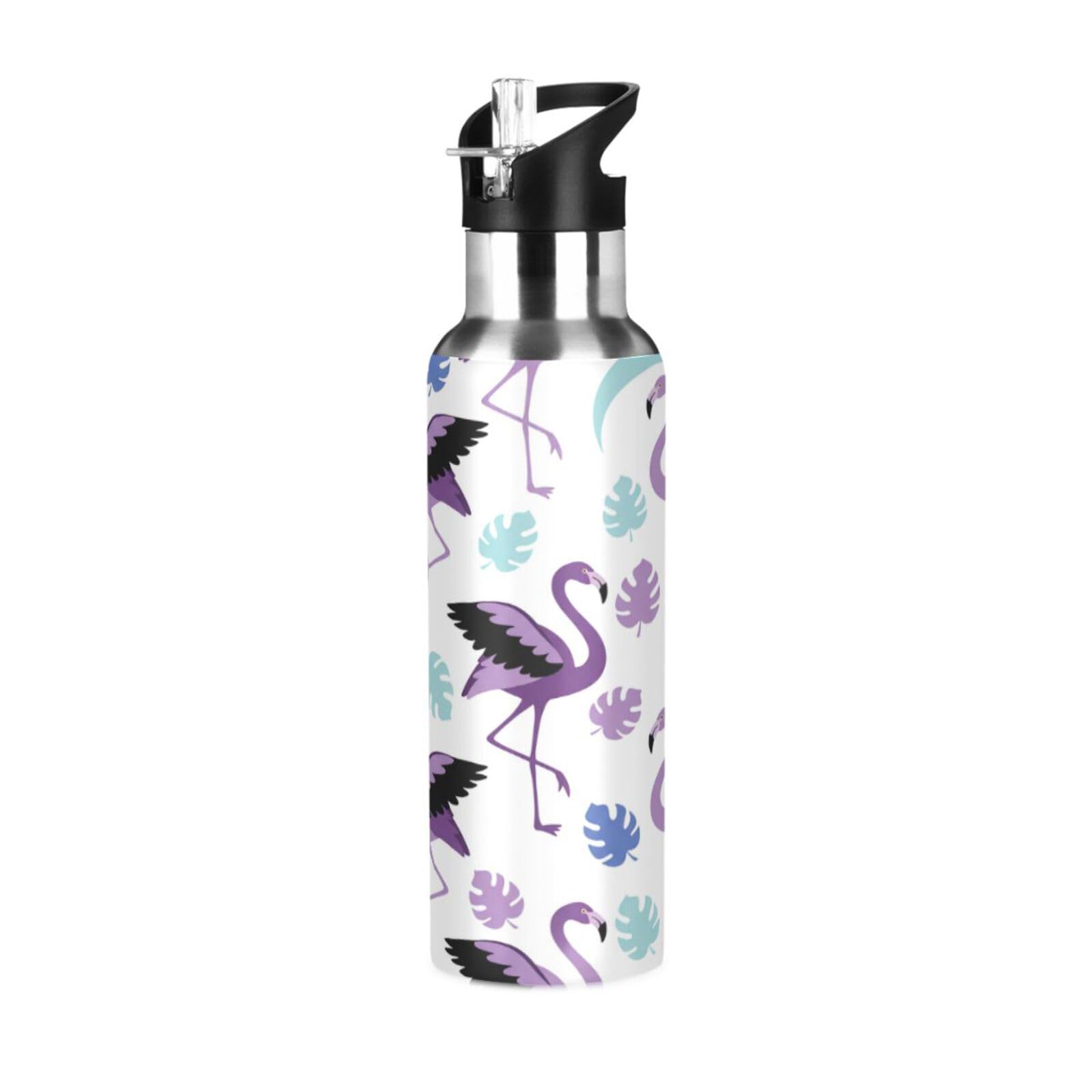 BOESI Flamingo Pattern Insulated Water Bottle 600ml, Stainless Steel Vacuum Sports Bottle with Straw, Leak Proof Thermal Bottle for Gym Travel Outdoor