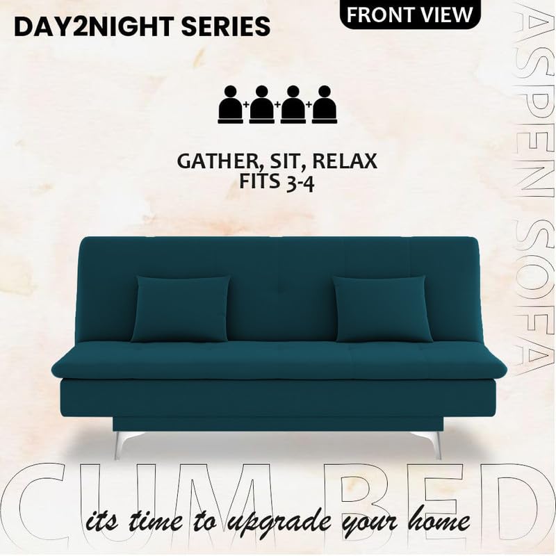 Image of Adorn India Premium New Aspen 3 Seater Sofa Cum Bed 4X6 Velvet Suede with 2 Cushions (Color Ocean Blue) and Suitable for All Indoor, with 3 Years Warranty