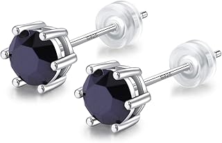 18ct White Gold Plated on Sterling Silver Black Obsidian,Earring Stud with Gift Box,Men Women
