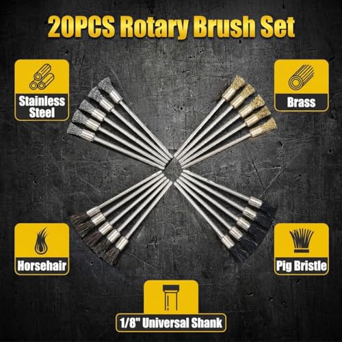 Image of 20 Pcs Extended End Brush Set, 100mm Extra Long 1 /8'' Shank Pen Shape Rust Paint Removal Bits Wire Brush for Rotary Tools
