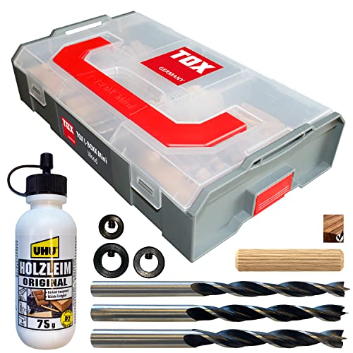 TOX L-BOXX Mini Wood effektiv, kompakt, übersichtlich, individuell anpassbar & stapelbar + Holzdübel Set Boltfix Wood +S & Dübelhilfen: Markenleim + Holzbohrer mit Tiefenanschlag, 094900701