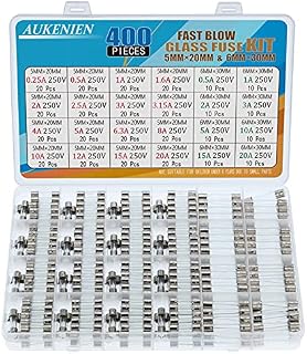 AUKENIEN Fast Blow Glass Fuses Kit 24 Values 400pcs 5x20mm 0.25A 0.5A 1A 1.6A 2A 2.5A 3A 3.15A 4A 5A 6.3A 8A 10A 12A 15A 20A 250V 6x30mm 0.5A 1A 2A 3A 5A 10A 15A 20A Quick Round Fuse Tube Assortment
