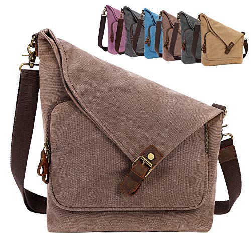 Amhoo Canvas Crossbody Bag For Women Genuine Leather Messenger Purse Handbags Shoulder Bag Hobo Totes Coffee #TOP26