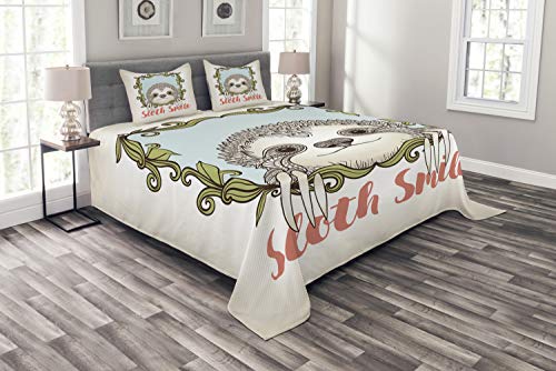 Holiday Deals 🛒 Ambesonne Sloth Bedspread, Exotic Animal in Floral Frame Sloth Smile Theme with Mammal Portrait, Decorative Quilted 3 Piece Coverlet Set with 2 Pillow Shams, Queen Size, Olive Green Super Brands Ambesonne Sloth Bedspread, Exotic Animal in Floral Frame Sloth Smile Theme with Mammal Portrait, Decorative Quilted 3 Piece Coverlet Set with 2 Pillow Shams, Queen Size, Olive Green