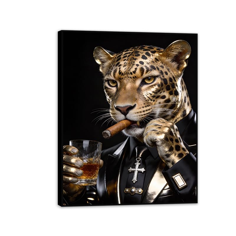 Peinture d'animaux sauvages de luxe avec toile guépard doré et cadre noir