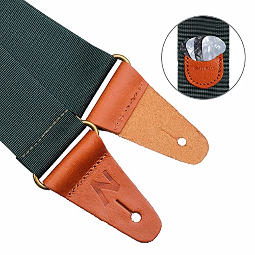 Guitar Strap, Vintage Nylon Full Grain Leather Ends Guitar Straps with Pick Pocket for Bass, Electric & Acoustic Guitar, Come with Free Strap Button, 1 Pair Strap Locks and 4 Guitar Picks (Green) - Image 3