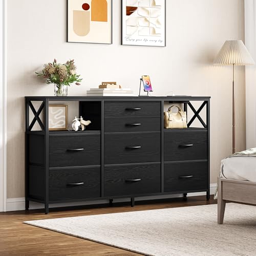 Hzuaneri Kommode 140 cm, 2 USB & 2 AC-Anschlüssen, Kommode mit 8 Schubladen aus Stoff, Vielseitiges Aufbewahrungsmöbel für Wohnzimmer und Schlafzimmer, 30 x 140 x 86 cm, Schwarz DU03804BEU