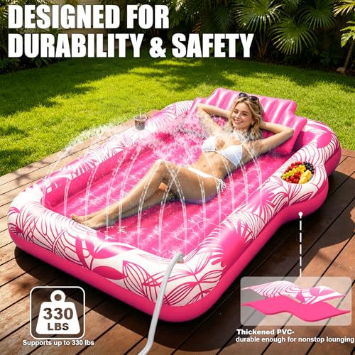 78"x50" Inflatable Tanning Pool Lounger Float with Sprinkler, Extra Large Pool Floats Adult with Pillow 6 in 1 Suntan Tub Raft Floatie with Food Drink Holder, Blow Up Tanning Bed for Summer Pool Party by TURNMEON - Image 4