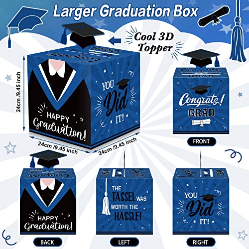 Image of Funrous Large 2026 Blue and Black Graduation Card Box with 30 Pcs Advice Card Gift Money Box Congrats Grad 3D Cap Top Holder Class of 2026 Party Decorations College Graduation Supplies