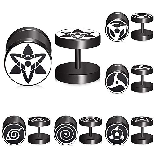 FLYUN 6 Pairs Dainty Anime Naruto Sharingan Eye Black Stud Earrings Set for Women Men 18 Gauges 10mm Fashion Hypoallergenic Stainless Steel Fake Piercing Expander Stretcher Faux Gauges Fake Punk Ear Tunnel Packs (10mm-Naruto Marking)
