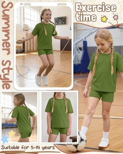 Image of Oakgarden Summer Outfits for Girls 5-14Y Athletic Casual Sets Kid Short Sleeve Shirt Bike Shorts 2 Piece Tween Trendy Clothes