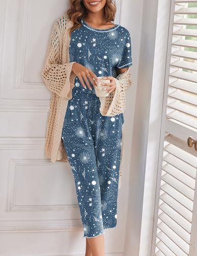 Image of Ekouaer Women's Capri Pajama Sets Print Short Sleeve Sleepwear Top and Capri Pants Soft Loungewear with Pocket