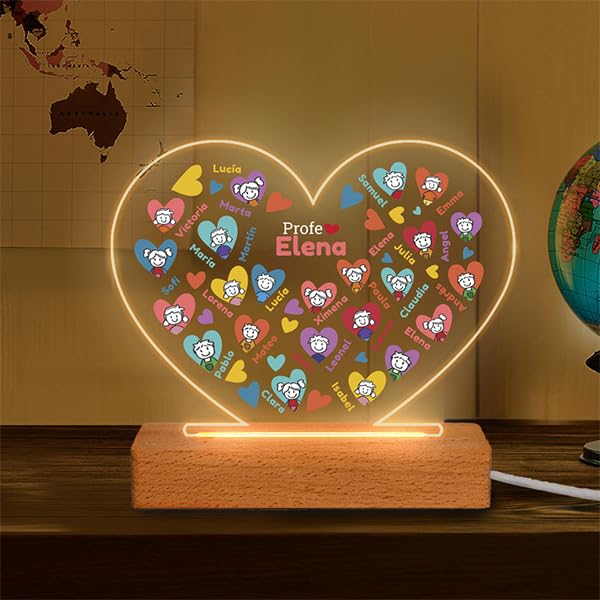 Transparent Gift Lámparas Personalizadas Corazones con Muñecos. Regalos Originales para Profesores. Lámpara Decorativa para Maestras. Regalos Personalizados Fin de Curso. Regalos para Hombre y Mujer.