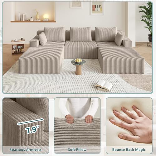 Image of 107 inch U-Shape Cloud Couch, Modern Modular Sectional U-Shape Sofa, Corduroy Boneless Couch Upholstered Couches Deep Seat Sleeper Chaise Longue for Living Room, No Assembly Required,Camel