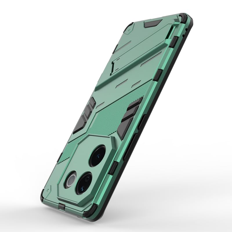 Image of Rugged Hard Back Case Cover for Vivo T3 Pro - Military-Grade Armor with Screen & Camera Guard, Dual-Layer Shockproof Design, Raised Edges, and Built-in Kickstand - Emerald Green