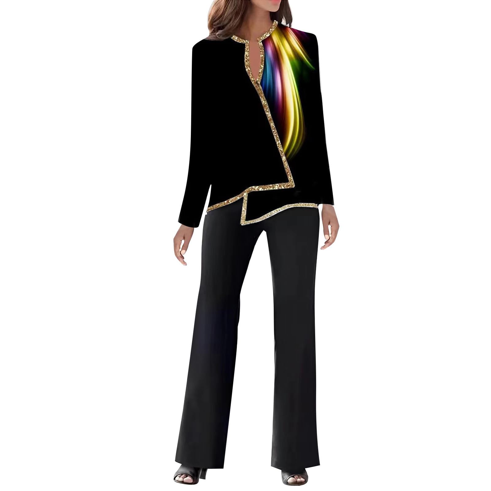 Generic 2024 - Conjunto de 2 piezas para mujer, casual, manga larga, pantalones sueltos, pantalones de pierna ancha, conjunto de dos piezas para mujer, fiesta, boda, talla grande