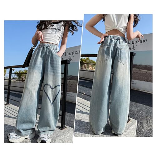 Girls Wide Leg Jeans Elastic Waist Heart Embroider Denim Straight Pants Kids Streetwear Y2k Trousers with Pockets 4-15T3