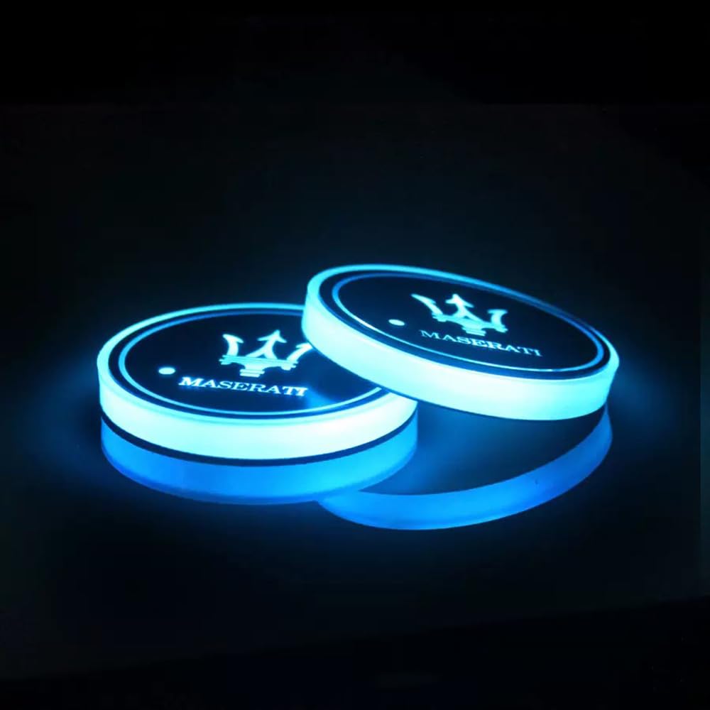 2 Pcs LED Car Cup Holder Coasters for Maserati Ghibli Quattroporte Levante MC20 GranTurismo,7 Colors Luminescent USB Charging Lights Coasters Cup Mat
