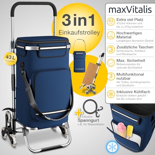 maxVitalis Einkaufstrolley Treppensteiger mit Kühlfach, Einkaufsroller klappbar, Shopping Trolley höhenverstellbar, Reflektoren, abnehmbare Tasche 43 L, Hackenporsche (Treppensteiger-Trolley, Navy) – Bild 4