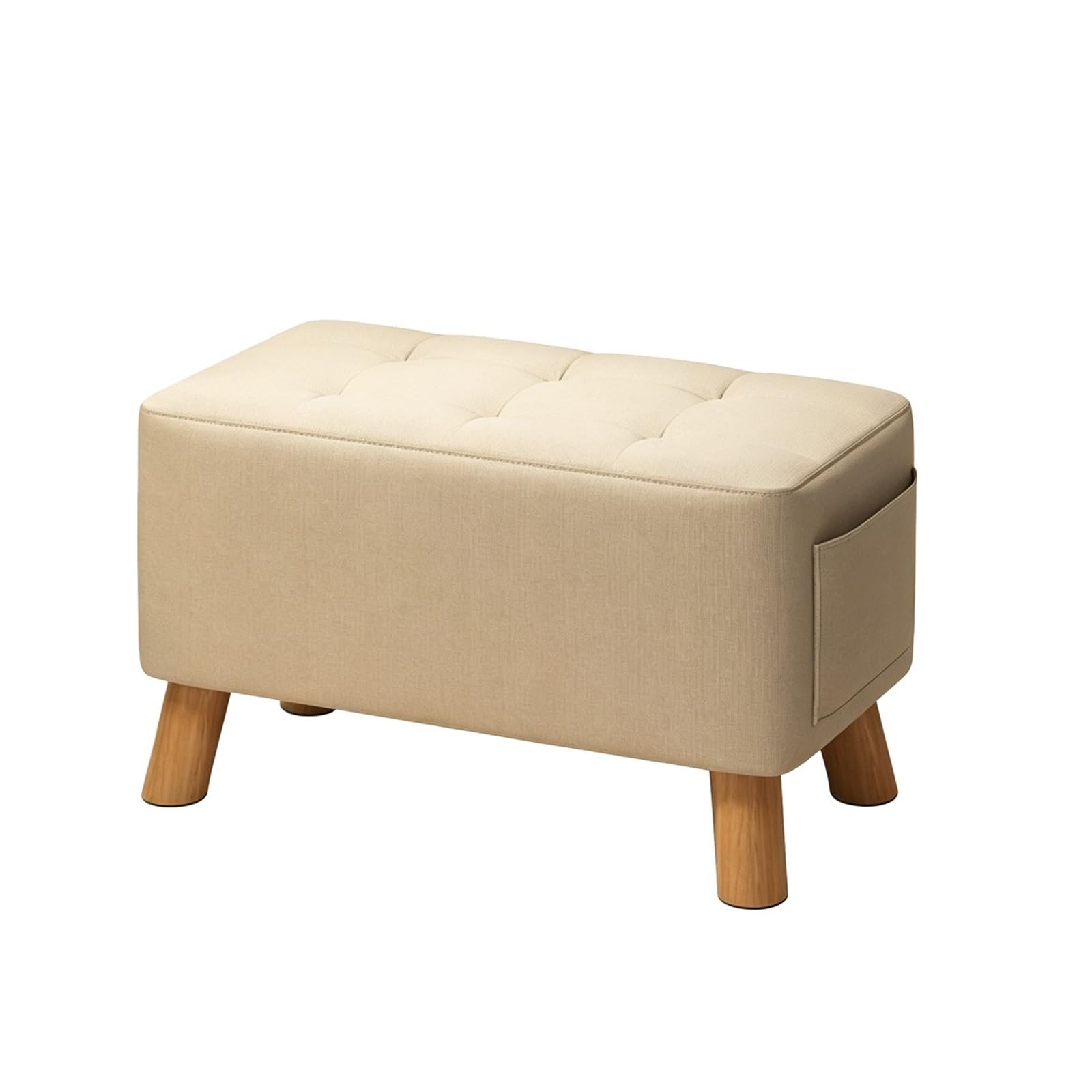 Tabouret rectangulaire rembourré en lin beige avec poche latérale et structure en bois stable