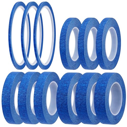 Lot de 12 rouleaux de ruban de masquage bleu à lignes fines pour peintres - 3 mm/8 mm/12 mm/15 mm de large - 20 m de large - Ruban de masquage inscriptible avec lignes pointues - Ruban de masquage de
