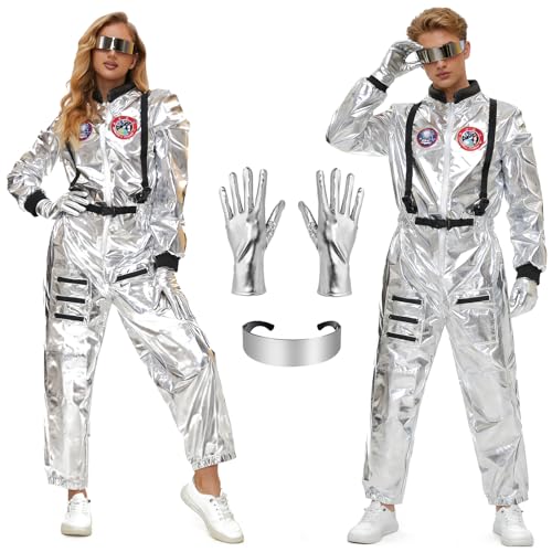 Aragallant Astronauten Kostüme Silber, Spaceman Kostüm Set Unisex, Raumfahrer Kostüm mit Brillen, Astronauten Overall Erwachsene für Cosplay Party Karneval Fastnacht Kleidung (M-170-175cm)